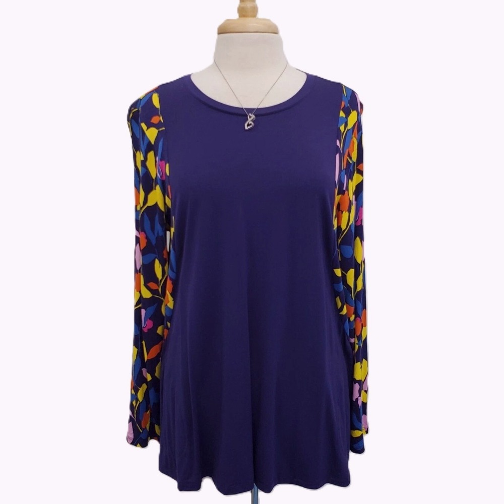 LOGO Lori Goldstein Womens L Purple Knit Tunic Floral Long Sleeve‎ Casual Top